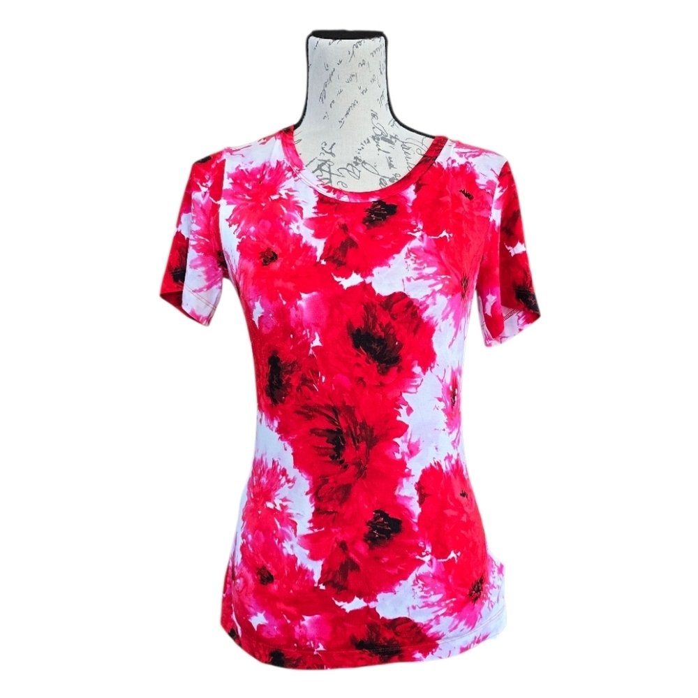 St John Floral Pink Red White Fitted Short Sleeve Top S